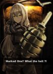  1girl absurdres arktic blonde_hair english_text explosive f-1_grenade_(soviet) gloves grenade grenade_pin highres imminent_explosion marked_one marked_one_what_the_hell_(meme) meme military_combat_uniform solo stalker_(game) standing throwing_weapon tunnel woe_plague_be_upon_ye_(meme) yellow_eyes 