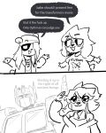2024 2_panel_comic anaugi anthro badger beanie bear bodily_fluids clothing comic crying dialogue duo english_text eyebrows eyewear female furgonomic_headwear furgonomics gesture glasses gomi_(pecan-san) hair hair_over_eye hasbro hat headgear headwear hi_res hoodie humanoid humor jacket jewelry long_hair machine mammal mustelid musteline necklace nuggy_(anaugi) optimus_prime print_clothing print_shirt print_t-shirt print_topwear profanity robot robot_humanoid salute shirt short_hair smile speech_bubble t-shirt takara_tomy tears tears_of_joy text topwear trans_(lore) trans_woman_(lore) transformers ursine