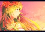  black_border border commentary_request dress green_eyes green_hair indisk_irio jewelry kid_icarus long_hair necklace palutena profile solo strapless strapless_dress sunset tiara 