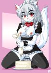  &lt;3 2017 blush bow_tie breasts cake chest_tuft clothed clothing feline female fluffy fluffy_tail food fur hair hi_res holding_object inner_ear_fluff kneeling looking_at_viewer maid_uniform mammal milkexplorer nipples no_underwear pussy red_eyes simple_background skimpy solo tuft uniform white_fur white_hair 
