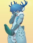  animal_genitalia anthro antlers balls big_penis blue_hair blush cervine clothed clothing embarrassed erection green_eyes hair hi_res horn jammers juzztie male mammal partially_clothed penis sheath solo stroking tapering_penis 