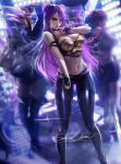  banned_artist braid breasts bustier double_bun gold_trim group_picture highres idol k/da_(league_of_legends) k/da_kai'sa kai'sa large_breasts league_of_legends lipstick long_hair looking_at_viewer makeup navel pants purple_eyes purple_hair purple_lipstick sakimichan signature solo tight tight_pants twin_braids 