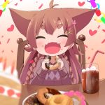  :d ^_^ animal_ears antenna_hair bangs bendy_straw birthday_party blurry blurry_foreground blush braid brown_background brown_hair cake chair closed_eyes commentary confetti cup depth_of_field doughnut drink drinking_glass drinking_straw eyebrows_visible_through_hair facing_viewer fangs food food_on_face gradient gradient_background hair_between_eyes hair_ornament hairclip heart highres holding holding_food ice ice_cube long_hair makuran momiji_(makuran) on_chair open_mouth original plate short_eyebrows sitting slice_of_cake smile solo table thick_eyebrows twin_braids very_long_hair 