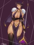  black_hair black_legwear book breasts bridal_gauntlets chain cleavage collarbone commission dark_skin fur_trim green_eyes hips huge_breasts kairos+ navel original parted_lips purple_background short_hair simple_background smile solo staff thighhighs thighs 