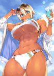  23_(real_xxiii) bangs bikini blonde_hair blue_eyes blue_hawaii blue_sky bracelet breasts cameltoe cloud cloudy_sky covered_nipples cup dark-skinned_girl_(23) dark_skin day drinking_straw eyewear_on_head fingernails highres holding holding_cup huge_breasts jacket jewelry looking_at_viewer looking_down muscle muscular_female navel off_shoulder open_clothes open_jacket original outdoors ring short_hair sky solo strapless sunglasses sunlight sweat sweatdrop swimsuit tank_top towel tubetop underboob wavy_mouth wedding_band wristband 