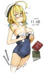  ahoge blonde_hair book breasts breasts_day dated feet_out_of_frame glasses green_eyes hat i-8_(kantai_collection) jewelry kantai_collection large_breasts long_hair looking_at_viewer low_twintails one-piece_swimsuit peaked_cap red-framed_eyewear ring sakura_(medilore) school_swimsuit semi-rimless_eyewear simple_background solo swimsuit swimsuit_pull thighhighs torpedo twintails twitter_username under-rim_eyewear wedding_band white_background white_legwear 