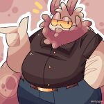 1:1 2024 4_fingers antennae_(anatomy) anthro arm_hair arthropod artist_name back_wings bar_emanata belly belt big_belly big_eyes black_clothing black_dress_shirt black_shirt black_topwear body_hair bottomwear brown_belt brown_body brown_fur cel_shading clothed clothing denim denim_bottomwear denim_clothing digital_media_(artwork) dress_shirt emanata fingernails fingers fully_clothed fur gesture grey_bottomwear grey_clothing grey_jeans grey_pants hand_gesture hand_in_pocket hi_res insect jeans lepidopteran lidded_eyes looking_at_viewer male moth mouthless nails onlyygaru outline overweight overweight_anthro overweight_male pants pockets pointing portrait ruff shaded shirt solo standing text thick_thighs three-quarter_portrait three-quarter_view topwear watermark white_outline wings yellow_eyes yellow_sclera yellow_text