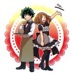  1girl :d alternate_costume apron black_bow black_footwear black_legwear black_neckwear black_pants black_vest blush_stickers boku_no_hero_academia bow bowl bowtie brown_eyes brown_hair dango floating food freckles green_eyes green_hair hk_(nt) holding holding_tray large_bow maid maid_apron messy_hair midoriya_izuku open_mouth pants shirt short_hair smile sweatdrop thighhighs tray uraraka_ochako vest wagashi waist_apron wavy_mouth white_shirt 