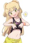  :d bare_shoulders blonde_hair blush collarbone commentary cowboy_shot eyebrows_visible_through_hair fang gazacy_(dai) green_eyes hair_ornament hair_scrunchie highres idolmaster idolmaster_cinderella_girls jougasaki_rika lifted_by_self long_hair looking_at_viewer navel open_mouth scrunchie shorts simple_background smile solo spoken_star star tank_top tank_top_lift two_side_up white_background wristband 