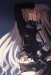  ak-12_(girls_frontline) an-94_(girls_frontline) arm_up barcode_tattoo black_gloves black_jacket blonde_hair blue_eyes braid closed_eyes closed_mouth eyebrows_visible_through_hair french_braid girls_frontline gloves hairband hand_on_another's_hip highres jacket kiss leg_between_thighs long_hair long_sleeves looking_at_another military military_uniform multiple_girls short_shorts shorts silver_hair tattoo uniform yhyh yuri 
