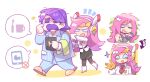  1boy 1girl :d arm_behind_head ascot beco_(100me) blue_eyes blue_pajamas boots closed_eyes collared_shirt earpiece facial_hair father_and_daughter furrowed_brow hand_up high_heel_boots high_heels holding holding_tablet_pc image_in_speech_bubble kirby:_planet_robobot kirby_(series) long_hair max_profitt_haltmann mechanical_arms messy_hair multiple_scars mustache no_pupils one_eye_closed pajamas pencil_skirt personification pink_hair purple_hair red_ascot scar scar_on_arm shirt shoes short_hair skirt slippers smile smug speech_bubble susie_(kirby) tablet_pc tearing_up v-shaped_eyebrows white_background white_shirt white_shoes white_wrist_cuffs wrist_cuffs yellow_slippers 