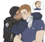  2boys arms_around_neck black_hair blonde_hair blue_eyes blue_shirt blush bulletproof_vest closed_eyes closed_mouth commentary crossed_arms dark-skinned_male dark_skin doc_(rainbow_six_siege) flying_sweatdrops french_flag gign gloves grey_hair image_in_thought_bubble kiss kissing_cheek laughing_tom_cruise_(meme) lion_(rainbow_six_siege) long_sleeves looking_to_the_side male_focus meme military_combat_uniform military_uniform multicolored_hair multiple_boys musical_note rainbow_six_siege shirt short_sleeves shy sideburns sideways_glance simple_background speech_bubble streaked_hair sun_stark sweatdrop symbol-only_commentary t-shirt thought_bubble white_background white_gloves yaoi 