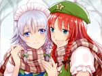  2girls :d bare_tree blue_eyes blue_vest blurry blush braid commentary_request day depth_of_field eyebrows_visible_through_hair flat_cap hair_between_eyes hat head_to_head holding_scarf hong_meiling izayoi_sakuya long_hair looking_at_another looking_at_viewer maid_headdress multiple_girls open_mouth outdoors plaid plaid_scarf primary_stage puffy_short_sleeves puffy_sleeves red_hair scarf shared_scarf shirt short_hair short_sleeves silver_hair smile star touhou tree twin_braids twitter_username vest white_shirt yuri 
