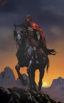  1boy armor boots caesar's_legion city cloak corvux fallout fallout:_new_vegas goggles hand_wraps helmet highres hill horse legionary_(fallout) night night_sky orange_sky red_cloak saddle saddlebags signature skirt sky solo sunset 