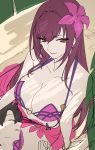  absurdres bikini bracelet breasts brown_hair collarbone commentary_request fate/grand_order fate_(series) flower fujimaru_ritsuka_(male) hair_flower hair_intakes hair_ornament heart highres jewelry lap_pillow large_breasts leg_garter palm_tree pink_bikini purple_bikini purple_hair purple_sarong red_eyes sand sarong scathach_(fate)_(all) scathach_(swimsuit_assassin)_(fate) slept_(re_mix) smile swimsuit tree 