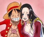  1boy 1girl artist_request black_hair boa_hancock breasts cleavage long_hair monkey_d_luffy one_piece smile 