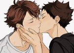  2boys adam&#039;s_apple arms_up black_shirt brown_hair closed_eyes commentary couple crew_neck eyelashes from_side haikyuu!! hair_between_eyes hands_on_another&#039;s_face hashtag-only_commentary highres iwaizumi_hajime kiss male_focus multiple_boys oikawa_tooru_(haikyuu!!) shirt short_hair signature simple_background spiked_hair t-shirt upper_body white_background white_shirt yaoi yokomiro_chan 