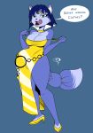  2018 5_fingers anthro bedroom_eyes blue_fur blue_hair breasts canine chillguydraws cleavage clothed clothing dialogue digital_media_(artwork) dress female fox fur green_eyes hair half-closed_eyes hi_res krystal looking_at_viewer mammal nintendo open_mouth seductive short_hair simple_background solo standing star_fox thick_thighs tongue tongue_out undressing video_games 