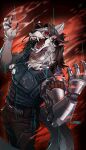 accessory anthro aviator_glasses bottomwear brown_bottomwear brown_clothing brown_pants canid canine canis cd_projekt_red claws clothed clothed_anthro clothed_male clothing cybernetic_arm cybernetic_limb cybernetics cyberpunk cyberpunk_2077 digital_media_(artwork) dog_tags eyewear glasses hi_res humanoid jewelry johnny_silverhand_(cyberpunk_2077) machine male mammal metal_arm necklace pants solo source_request topwear unknown_artist vest wolf