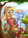  2018 apple_bloom_(mlp) applejack_(mlp) brother brother_and_sister clothed clothed_feral clothing cutie_mark earth_pony equine female feral friendship_is_magic group hi_res horse macro mammal my_little_pony open_mouth outside paul_bunyan pegasus pony rainbow_dash_(mlp) sibling sister sisters tree tsitra360 wings young 