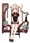  &gt;_&lt; =_= absurdres bangs bison_cangshu black_dress black_footwear book cannon chair china_dress chinese_clothes closed_mouth copyright_request dress floral_print flower full_body hands_on_lap head_tilt highres legs_together looking_at_viewer red_eyes red_flower shoes short_hair silver_hair simple_background sitting smile solo thighhighs tree vase white_background white_legwear 