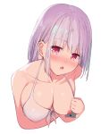  :o bikini_top blush breasts cellphone collarbone eyebrows_visible_through_hair holding holding_phone large_breasts lavender_hair looking_at_viewer nipples open_mouth phone prpr_friends red_eyes shinjou_akane short_hair simple_background solo ssss.gridman swimsuit upper_body white_background white_bikini_top 