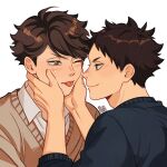  2boys ;p adam&#039;s_apple black_sweater blush brown_cardigan brown_eyes brown_hair cardigan cardigan_vest closed_mouth collared_shirt commentary couple english_commentary eye_contact haikyuu!! highres iwaizumi_hajime long_sleeves looking_at_another male_focus multiple_boys oikawa_tooru_(haikyuu!!) one_eye_closed open_collar shirt short_hair signature simple_background smile sweater swept_bangs tongue tongue_out upper_body white_background white_shirt wing_collar yaoi yokomiro_chan 