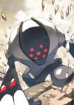  colored_skin commentary extra_eyes gara_(qbeuxvii22) glowing glowing_eyes golem grey_skin highres looking_at_viewer outdoors pokemon pokemon_(creature) pokemon_focus red_eyes registeel rock solo 