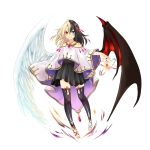  angel_and_devil angel_wings bare_shoulders black_hair blonde_hair blue_eyes commentary_request demon_wings eyebrows_visible_through_hair gem gold_trim hair_ornament heterochromia highres jewelry looking_at_viewer multicolored_hair necklace original pigeon-toed red_eyes smile solo split_theme standing surume112223 tachi-e thighhighs two-tone_hair wings 