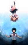  1girl black_legwear boku_no_hero_academia brown_hair closed_eyes dress_shirt elbow_pads falling freckles green_eyes green_hair green_pants green_skirt hk_(nt) messy_hair midoriya_izuku necktie outstretched_arms pants pleated_skirt red_neckwear shirt short_hair short_necktie skirt socks u.a._school_uniform upside-down uraraka_ochako white_shirt 