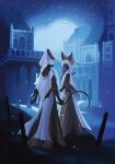  2girls black_skin building colored_skin commentary covered_eyes dress elden_ring english_commentary facing_another full_body hennin highres holding_sickle in-universe_location multiple_girls night_maiden_(elden_ring) siriusbound swordstress_(elden_ring) tall_hat veil white_dress 