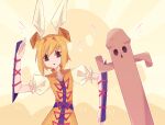  1girl blonde_hair bow commentary double_bun dress final_fantasy guuchama hair_bow hair_bun haniwa_(statue) hollow_eyes joutouguu_mayumi looking_at_viewer open_mouth puffy_short_sleeves puffy_sleeves red_ribbon ribbon sabotender shirt short_hair short_sleeves sleeveless sleeveless_dress solo touhou vambraces white_bow white_shirt yellow_background yellow_dress 