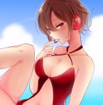  arm_support bare_shoulders blue_sky breasts brown_hair cleavage cloud collarbone criss-cross_halter half-closed_eyes halterneck headphones headset kawahara_chisato large_breasts leg_up lips lipstick looking_at_viewer looking_to_the_side makeup meiko microphone nail_polish navel navel_cutout ocean one-piece_swimsuit outdoors parted_lips project_diva_(series) red_eyes red_nails red_swimsuit short_hair sitting sky solo swimsuit swimwear_(module) twitter_username vocaloid 