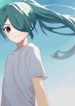 1boy blue_hair brown_eyes closed_mouth commentary_request ebi_(shrimp_eleven) floating_hair gradient_background hair_over_one_eye inazuma_eleven inazuma_eleven_(series) kazemaru_ichirouta long_hair looking_at_viewer male_focus one_eye_covered otoko_no_ko ponytail shirt short_sleeves smile solo t-shirt upper_body very_long_hair white_shirt 