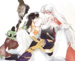  2boys armor black_eyes black_hair facepaint facial_mark forehead_mark fur hat highres inuyasha jaken japanese_clothes katana kimono leg_hug loli_bushi long_hair looking_at_another multiple_boys pointy_ears red_eyes rin_(inuyasha) robe scabbard sesshoumaru sheath sheathed simple_background sitting sleeves_past_wrists staff sword tokin_hat weapon white_background white_hair wide_sleeves 