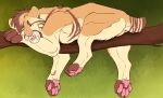  anus big_fangs brown_hair eyes_closed fangs felid female feral fur genitals hair hi_res killthe_demon lying mammal markings molly_timbertail mouth_closed multicolored_hair on_front orange_body orange_fur orange_hair pawpads pink_pawpads pussy short_hair side_view simple_background sleeping solo striped_markings striped_tail stripes tail tail_markings teeth two_tone_hair yellow_body yellow_fur 