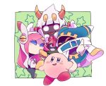  3boys blue_eyes blush_stickers commentary_request fangs hidden_mouth horns kirby kirby:_star_allies kirby_(series) magolor multiple_boys no_humans no_mouth pink_hair rokkrn susie_(kirby) sweatdrop taranza white_eyes white_hair yellow_eyes 