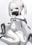  1girl absurdres black_mask black_tail blue_archive coat colored_skin ein_(blue_archive) extra_pupils highres looking_at_viewer mask mechanical_hands mechanical_tail medium_hair navel respirator sitting solo styx symbol-shaped_pupils tail twintails wariza white_background white_coat white_hair white_skin x-shaped_pupils yellow_eyes 