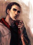  arm_tattoo assassin's_creed_(series) brown_hair desmond_miles hood hood_down hoodie male_focus mouth_scar open_clothes open_hoodie scar solo tattoo yuki_(yuhzen) 