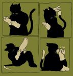 ambiguous_gender anthro black_body black_eyes black_fur boarboy comic digital_media_(artwork) domestic_cat felid feline felis fur green_background hi_res holding_object mammal multicolored_body multicolored_fur putting_on_clothes putting_on_gloves putting_on_socks simple_background solo whiskers white_arms white_legs white_sclera