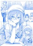  backpack bag bangs bare_shoulders blue breasts capri_pants cellphone chin_rest choker city cleavage commentary_request eyebrows_visible_through_hair fu_hua_(honkai_impact) glasses hair_between_eyes hand_on_hip hat highres hirakuneko honkai_impact long_hair looking_at_another looking_at_viewer monochrome multiple_girls off-shoulder_shirt pants phone shirt side_ponytail smartphone solo_focus 