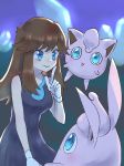  1girl blue_(pokemon) blue_eyes brown_hair creatures_(company) game_freak gen_1_pokemon jigglypuff long_hair nintendo pokemon pokemon_(game) pokemon_lgpe wigglytuff 