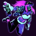  akali asymmetrical_legwear baseball_cap belt black_pants bodypaint bracelet breasts cleavage crop_top cropped_jacket face_mask full_body gloves glowing hat highres inverted_colors jewelry k/da_(league_of_legends) k/da_akali league_of_legends mask midriff monochrome navel neon_lights open_clothes outstretched_arm pants pink_hair ponytail purple_background raver shoes simple_background sneakers solo spray_can ultraviolet_light ume_(yume_uta_da) yellow_eyes 