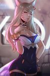  ahri animal_ears artist_name bare_shoulders blonde_hair blurry blurry_background bracelet breasts choker cleavage cowboy_shot earrings fingernails fox_ears fox_tail highres idol jewelry k/da_(league_of_legends) k/da_ahri koyorin large_breasts league_of_legends lips long_hair looking_at_viewer nail_polish one_eye_closed sharp_fingernails shorts solo standing tail thighhighs train_interior whisker_markings yellow_eyes 