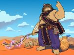  4:3 absurd_res anthro arm_tuft arm_wraps background_character bag barefoot bear beard beckoning belt belt_buckle black_clothing bottomwear brown_bear brown_beard brown_body brown_facial_hair brown_fur buckle cel_shading claws clothing cloud desert detailed_background dungeons_and_dragons ear_piercing ear_ring elbow_tuft electricity facial_hair feet finger_claws fur gesture green_eyes group hasbro hi_res holding_melee_weapon holding_object holding_sword holding_weapon hood humanoid_hands jewelry khopesh lightning male mammal melee_weapon moobs necklace nipples orange_eyes outside overweight overweight_anthro overweight_male pawpads piercing pouch_(clothing) purple_bottomwear purple_clothing quasarbearcat ring_piercing sand scar shaded shoulder_tuft sky smile smiling_at_viewer smoke solo_focus sword tan_body tan_fur toe_claws tuft urn ursine vase weapon wizards_of_the_coast wraps yellow_eyes 