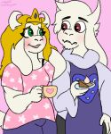  asgore_dreemurr beard beverage blonde_hair boss_monster caprine crossgender crown facial_hair female flower food freckles fur goat goatboyalex green_eyes hair horn long_hair male mammal muscular muscular_female pie pink_shirt plant red_eyes slightly_chubby tea toriel undertale video_games white_fur 