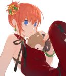  blue_eyes bracelet breasts earrings expressionless gintama hair_ornament jewelry kagura_(gintama) loli_bushi looking_at_viewer nail_polish orange_hair orange_nails pants red_pants red_shirt shirt short_hair simple_background sitting sleeveless small_breasts solo stuffed_animal stuffed_toy teddy_bear white_background 