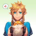  1other :3 animal blonde_hair blue_eyes blue_shirt closed_eyes closed_mouth disheveled ed_(chibied) eyebrows_visible_through_hair fox fur hair_between_eyes heart holding holding_animal link long_hair looking_at_viewer orange_fur pointy_ears print_shirt scratches shirt short_sleeves simple_background smile the_legend_of_zelda the_legend_of_zelda:_breath_of_the_wild white_background white_fur 