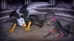 16:9 2025 4k absurd_res anthro arena avian battle beak black_body black_fur blen4k blood blood_on_face bodily_fluids bottomwear claws cloak clothing duo feathers female feral footwear fur gloves green_eyes gryphon handwear hi_res lock male multicolored_body mythological_avian mythological_creature mythology open_mouth purple_body purple_scales red_eyes scales shoes skirt space_station_13 spread_wings tail two_tone_body unathi weapon white_body white_feathers widescreen wings wounded