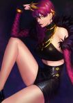  absurdres bare_shoulders breasts claws earrings evelynn fur_trim hair_ornament half-closed_eyes highres jewelry k/da_(league_of_legends) k/da_evelynn league_of_legends lipstick makeup mascara midriff necklace on_(isk1812) purple_hair red_lipstick sitting skirt sleeveless solo yellow_eyes 